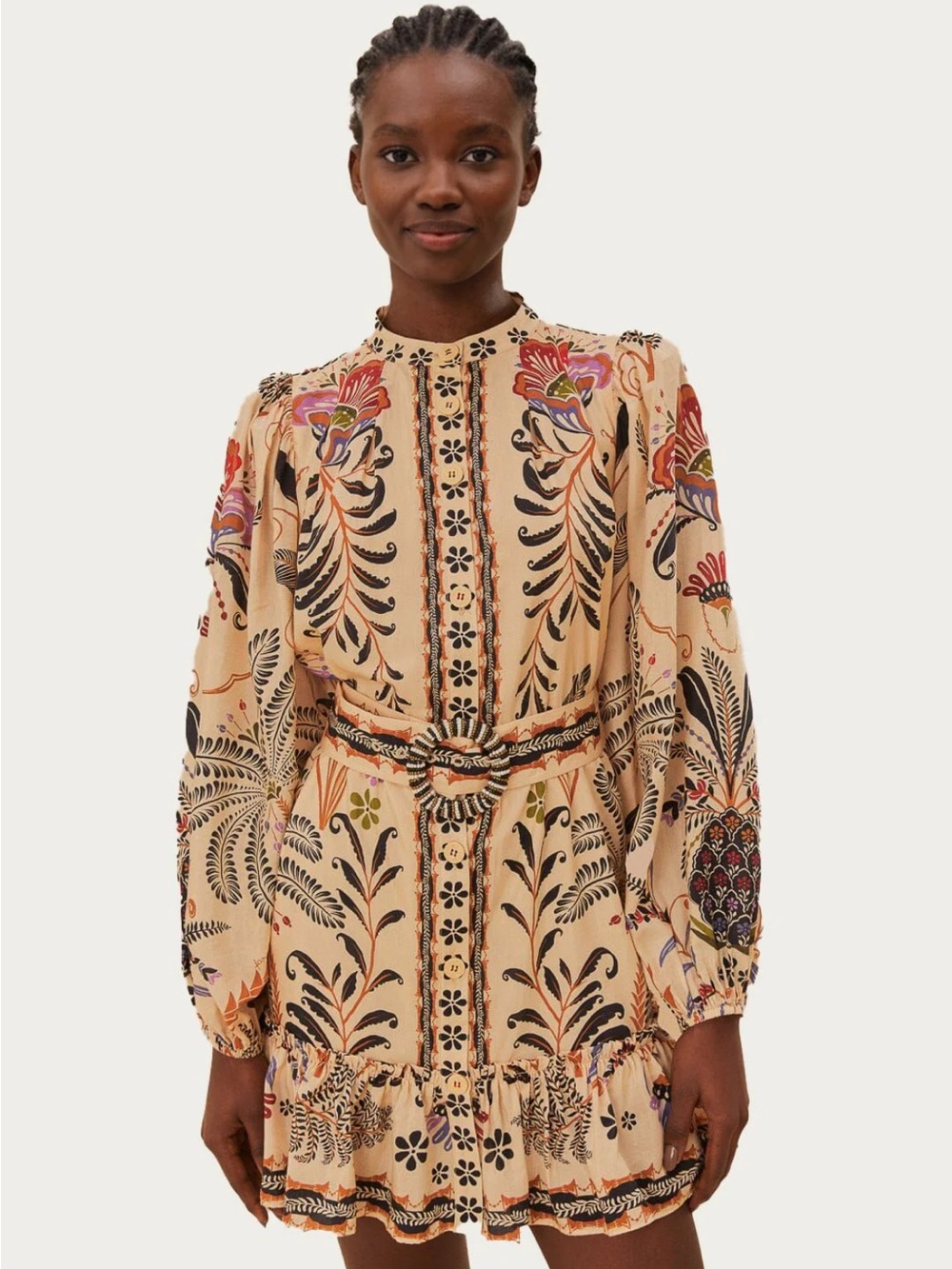 FARM Rio Cream Floral-Print Long-Sleeve Mini Dress with Braided Belt